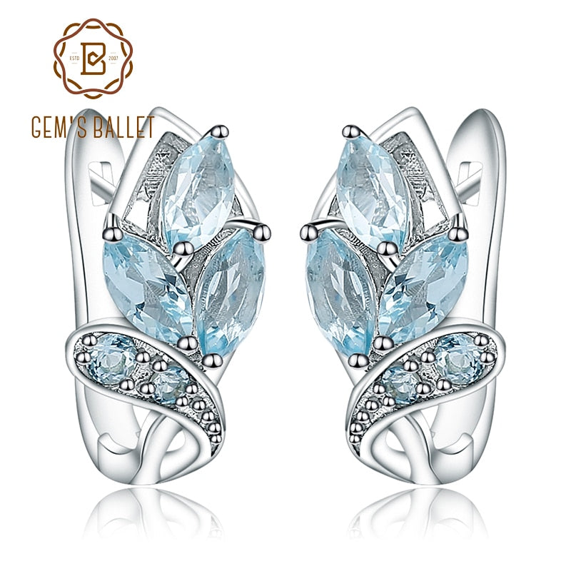 Natural Sky Blue Topaz Flowers Clip Earrings