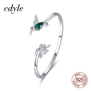 Sterling Silver Green Crystal Bird Bangle Bracelet