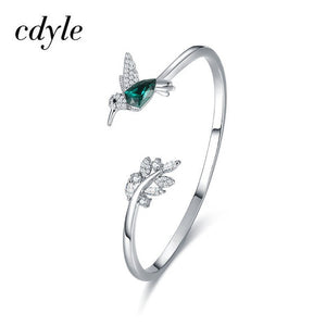 Sterling Silver Green Crystal Bird Bangle Bracelet