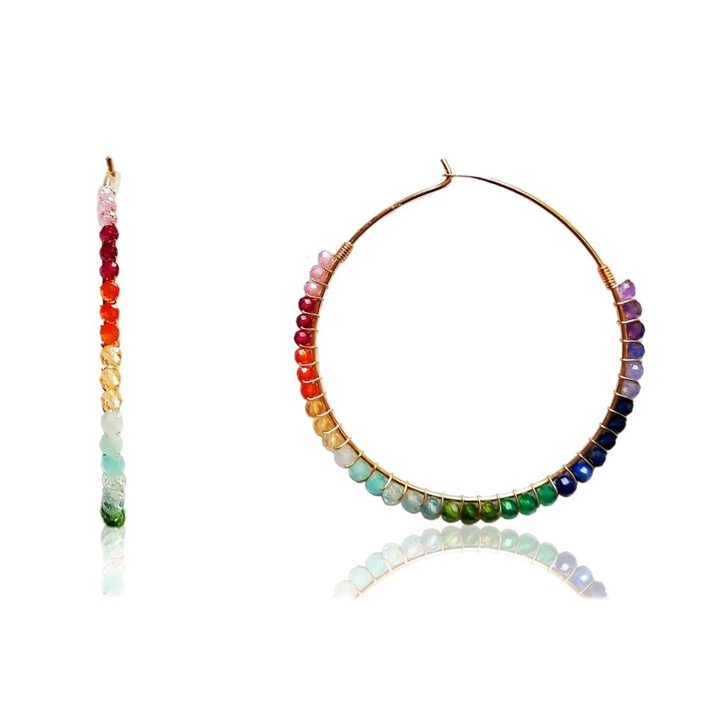 Rainbow Stone 925 Sterling Silver 18K Gold Color Big Hoop Earrings